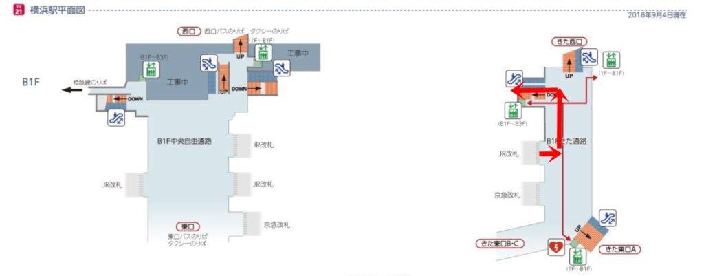 東急横浜駅平面図ＪＲからきた通路経由