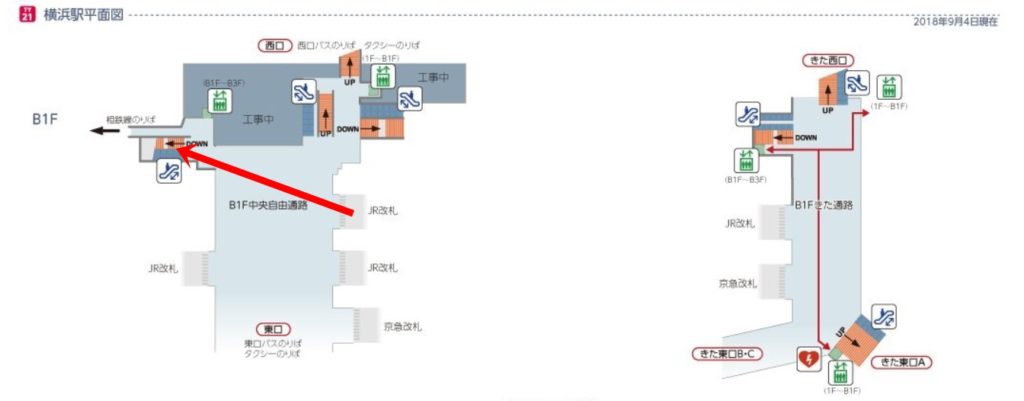 東急横浜駅平面図ＪＲから中央通路経由