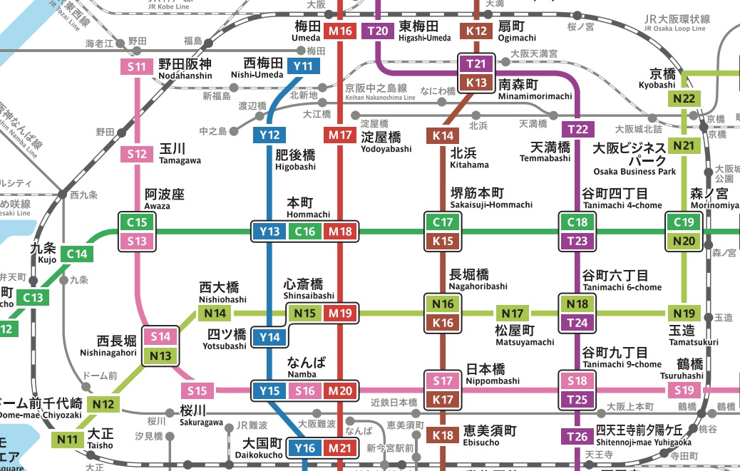 大阪メトロ中心部路線図
